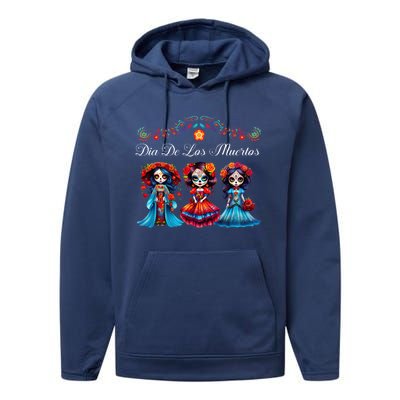 Dia De Los Muertos Three Catrinas Day Of The Dead Performance Fleece Hoodie