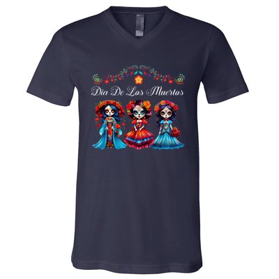 Dia De Los Muertos Three Catrinas Day Of The Dead V-Neck T-Shirt