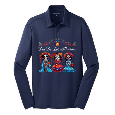 Dia De Los Muertos Three Catrinas Day Of The Dead Silk Touch Performance Long Sleeve Polo