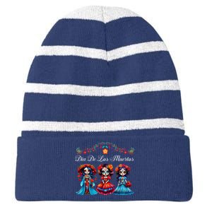 Dia De Los Muertos Three Catrinas Day Of The Dead Striped Beanie with Solid Band