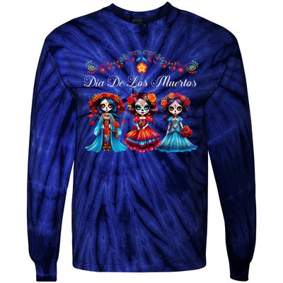 Dia De Los Muertos Three Catrinas Day Of The Dead Tie-Dye Long Sleeve Shirt