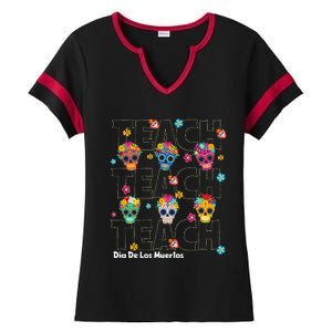 Dia De Los Muertos Day Of The Dead Sugar Skull Teacher Ladies Halftime Notch Neck Tee