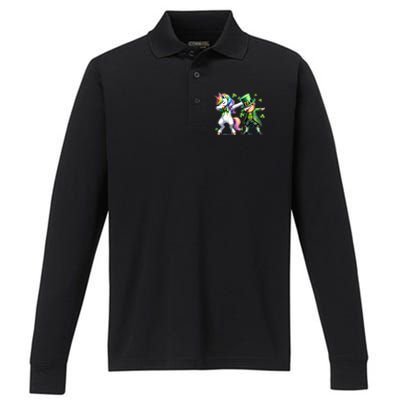 Dabbing Duo Leprechaun And Unicorn St PaddyS Meaningful Gift Performance Long Sleeve Polo