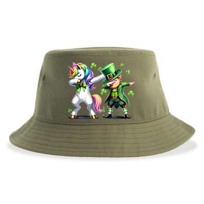 Dabbing Duo Leprechaun And Unicorn St PaddyS Meaningful Gift Sustainable Bucket Hat