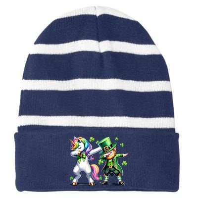 Dabbing Duo Leprechaun And Unicorn St PaddyS Meaningful Gift Striped Beanie with Solid Band