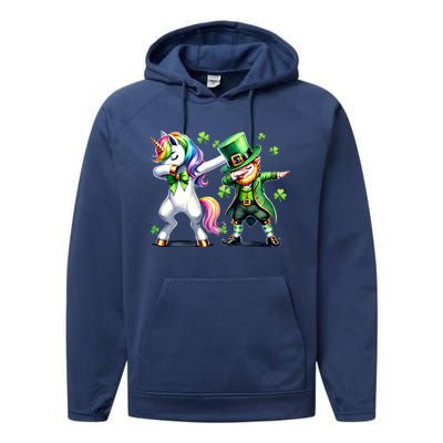 Dabbing Duo Leprechaun And Unicorn St PaddyS Meaningful Gift Performance Fleece Hoodie