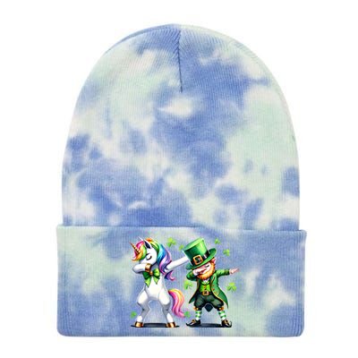 Dabbing Duo Leprechaun And Unicorn St PaddyS Meaningful Gift Tie Dye 12in Knit Beanie