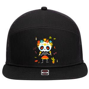 Dia De Los Muertos Girl Skeleton Mexican Sugar Skull 7 Panel Mesh Trucker Snapback Hat