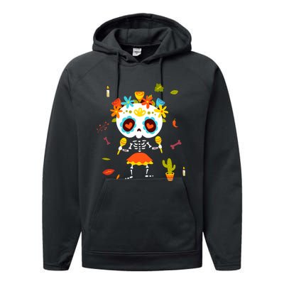 Dia De Los Muertos Girl Skeleton Mexican Sugar Skull Performance Fleece Hoodie