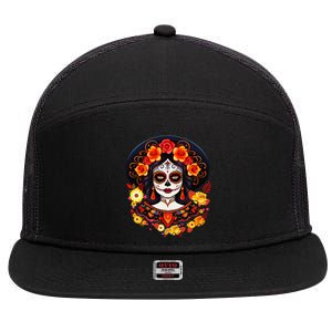 Dia De Los Muertos Day Of The Dead Sugar Skull La Catrina 7 Panel Mesh Trucker Snapback Hat