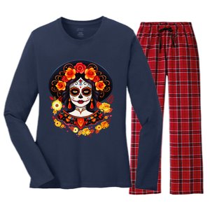 Dia De Los Muertos Day Of The Dead Sugar Skull La Catrina Women's Long Sleeve Flannel Pajama Set 