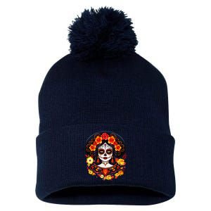 Dia De Los Muertos Day Of The Dead Sugar Skull La Catrina Pom Pom 12in Knit Beanie