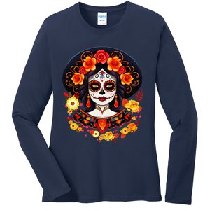 Dia De Los Muertos Day Of The Dead Sugar Skull La Catrina Ladies Long Sleeve Shirt