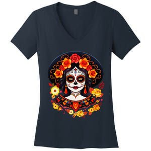 Dia De Los Muertos Day Of The Dead Sugar Skull La Catrina Women's V-Neck T-Shirt