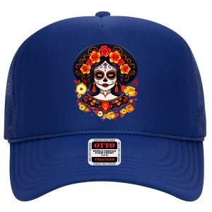 Dia De Los Muertos Day Of The Dead Sugar Skull La Catrina High Crown Mesh Back Trucker Hat