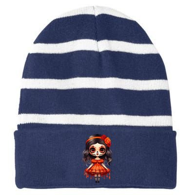 Dia De Los Muertos La Catrina Cute Skeleton Mexican Girl Gift Striped Beanie with Solid Band