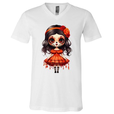 Dia De Los Muertos La Catrina Cute Skeleton Mexican Girl Gift V-Neck T-Shirt