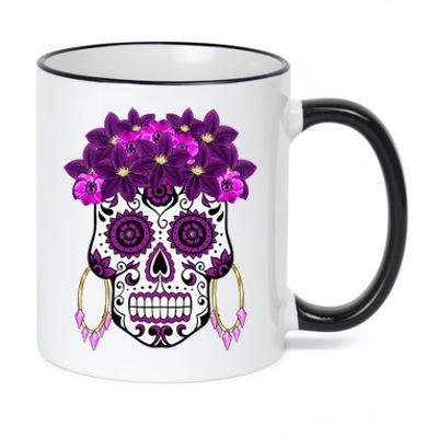 Dia De Los Muertos Purple Floral Sugar Skull 11oz Black Color Changing Mug