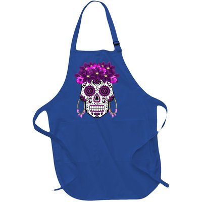 Dia De Los Muertos Purple Floral Sugar Skull Full-Length Apron With Pockets