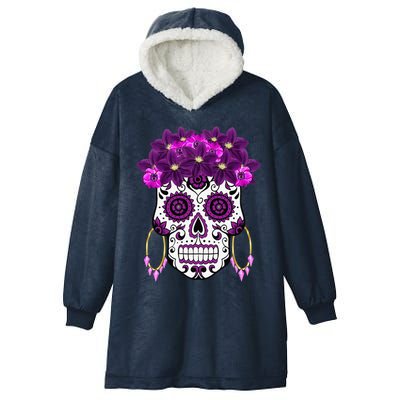 Dia De Los Muertos Purple Floral Sugar Skull Hooded Wearable Blanket