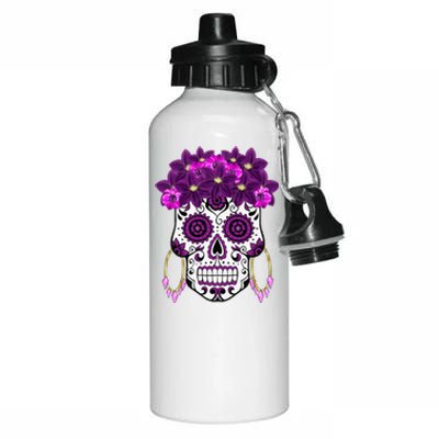 Dia De Los Muertos Purple Floral Sugar Skull Aluminum Water Bottle