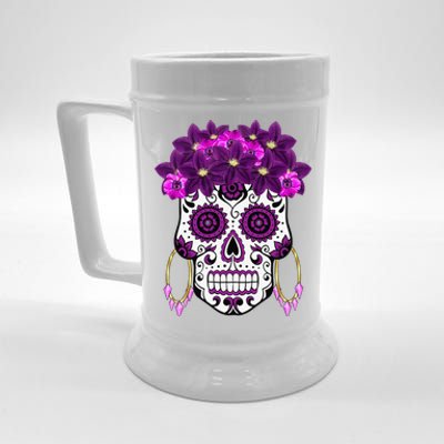 Dia De Los Muertos Purple Floral Sugar Skull Beer Stein