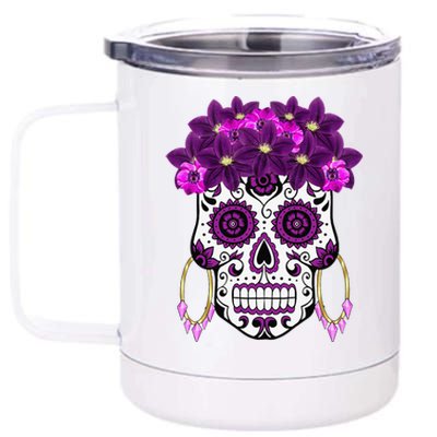 Dia De Los Muertos Purple Floral Sugar Skull 12 oz Stainless Steel Tumbler Cup