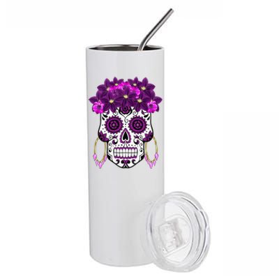 Dia De Los Muertos Purple Floral Sugar Skull Stainless Steel Tumbler