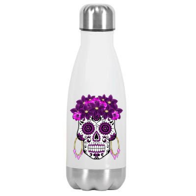 Dia De Los Muertos Purple Floral Sugar Skull Stainless Steel Insulated Water Bottle