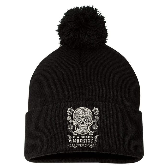 Dia De Los Muertos Mexico Sugar Skull Pom Pom 12in Knit Beanie