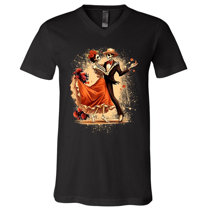 Dia De Los Muertos Skeletons Dancing Mexican Day Of The Dead V-Neck T-Shirt