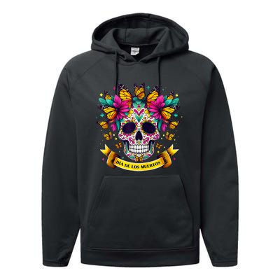 Dia De Los Muertos Sugar Skull Flowers For Women Performance Fleece Hoodie