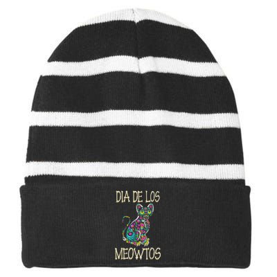 Dia De Los Meowtos Cat Muertos Day Of The Dead Cat Striped Beanie with Solid Band