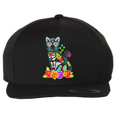 Dia De Los Muertos Cat Figurine Day Of The Dead Funny Wool Snapback Cap