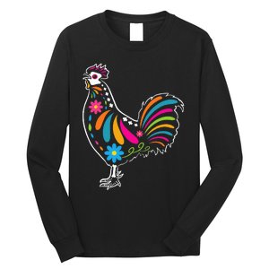 Dia De Los Muertos Halloween Sugar Skull Rooster Long Sleeve Shirt