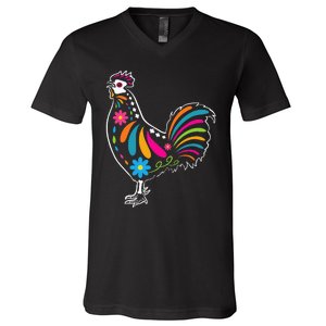 Dia De Los Muertos Halloween Sugar Skull Rooster V-Neck T-Shirt