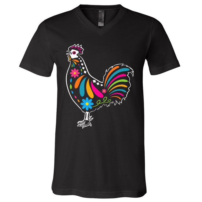 Dia De Los Muertos Halloween Sugar Skull Rooster V-Neck T-Shirt