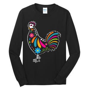 Dia De Los Muertos Halloween Sugar Skull Rooster Tall Long Sleeve T-Shirt