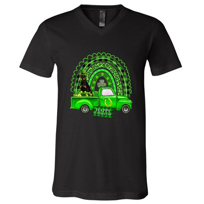 Doberman Dog Leprechaun Hat Truck Shamrock St Patricks V-Neck T-Shirt