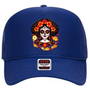 Dia De Los Muertos Day Of The Dead Sugar Skull La Catrina High Crown Mesh Back Trucker Hat