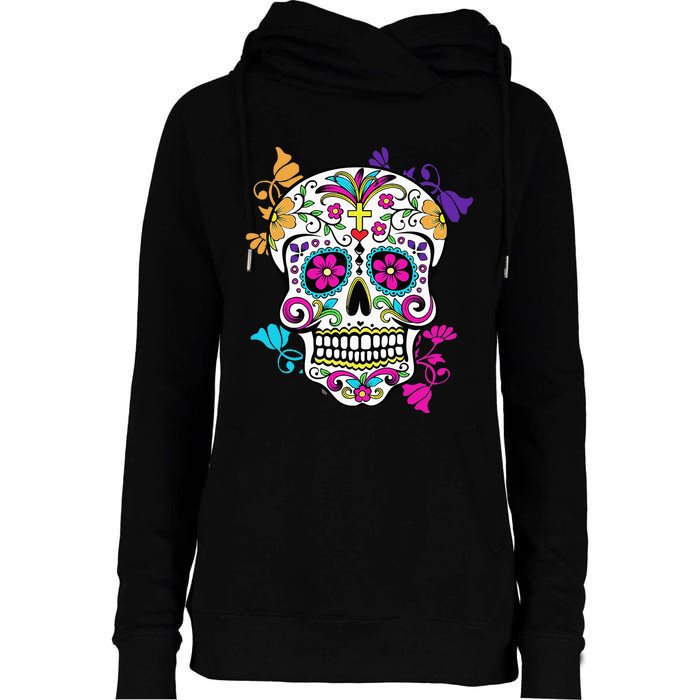 Dia De Los Muertos Sugar Skull Womens Funnel Neck Pullover Hood