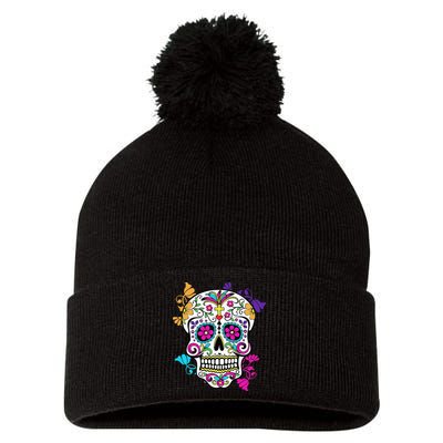 Dia De Los Muertos Sugar Skull Pom Pom 12in Knit Beanie
