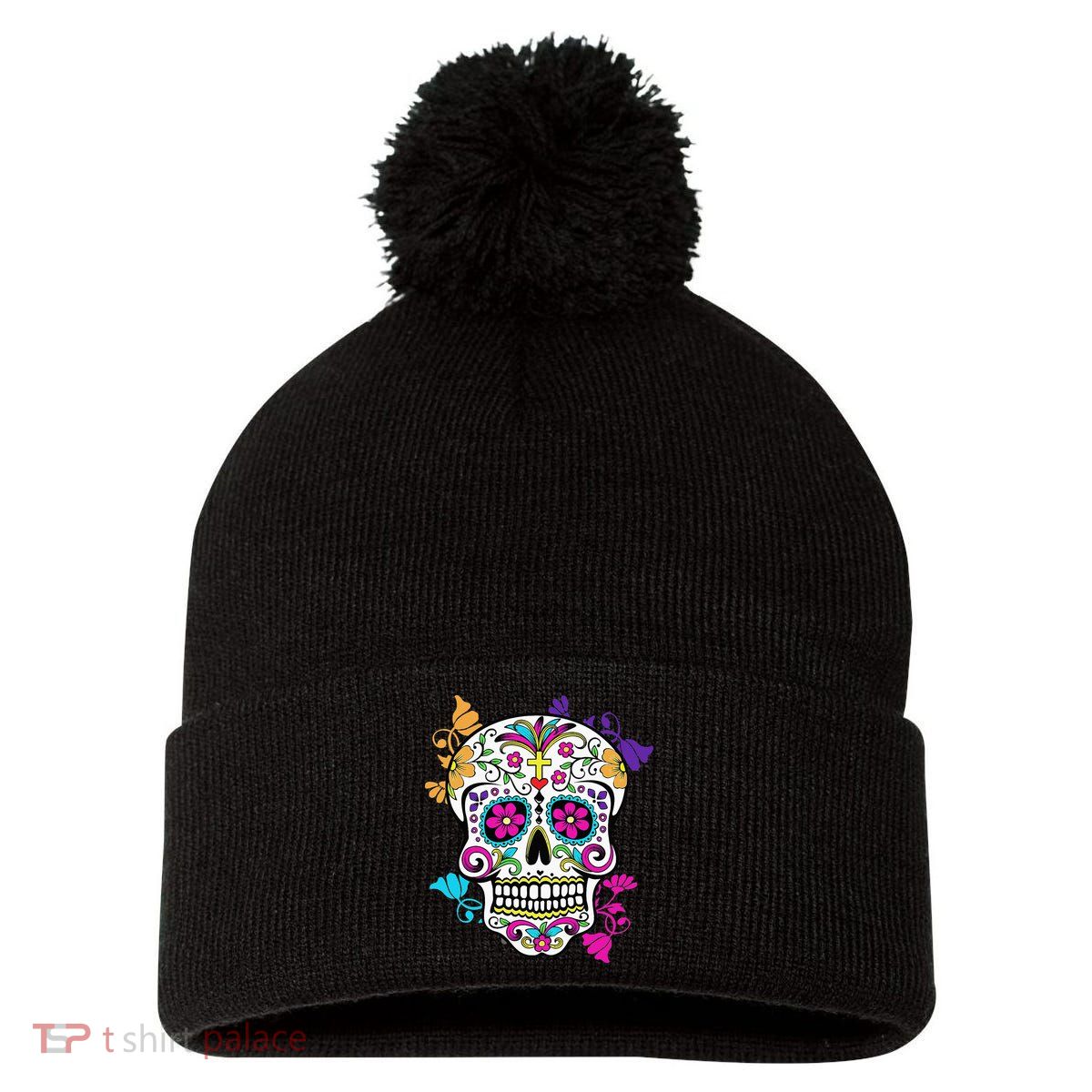 Dia De Los Muertos Sugar Skull Pom Pom 12in Knit Beanie