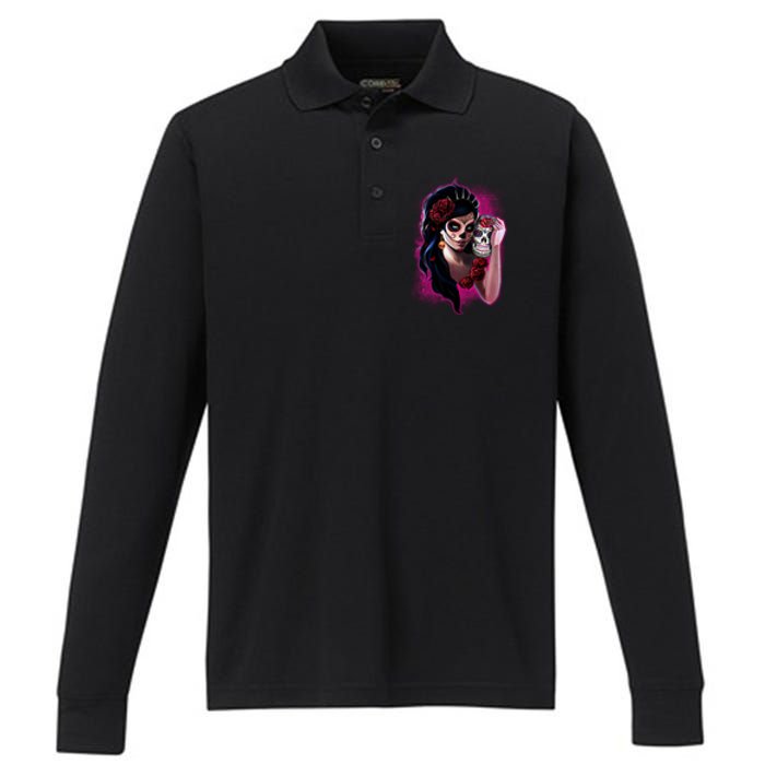 DíA De Los Muertos La Catrina Day Of The Dead Sugar Skull Performance Long Sleeve Polo