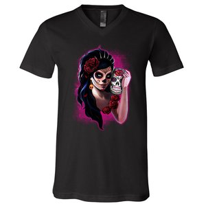 DíA De Los Muertos La Catrina Day Of The Dead Sugar Skull V-Neck T-Shirt