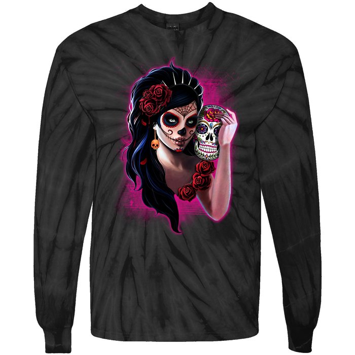 DíA De Los Muertos La Catrina Day Of The Dead Sugar Skull Tie-Dye Long Sleeve Shirt