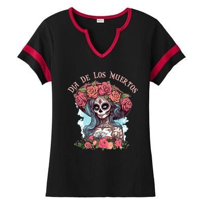 Dia De Los Muertos Floral Woman Ladies Halftime Notch Neck Tee