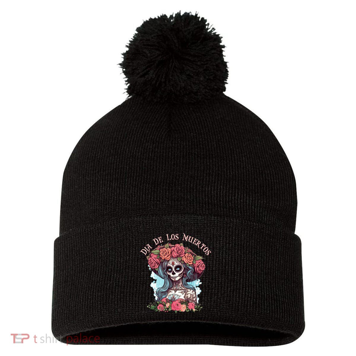 Dia De Los Muertos Floral Woman Pom Pom 12in Knit Beanie