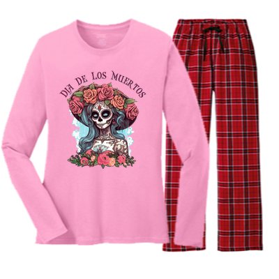 Dia De Los Muertos Floral Woman Women's Long Sleeve Flannel Pajama Set 