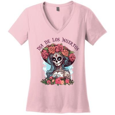 Dia De Los Muertos Floral Woman Women's V-Neck T-Shirt